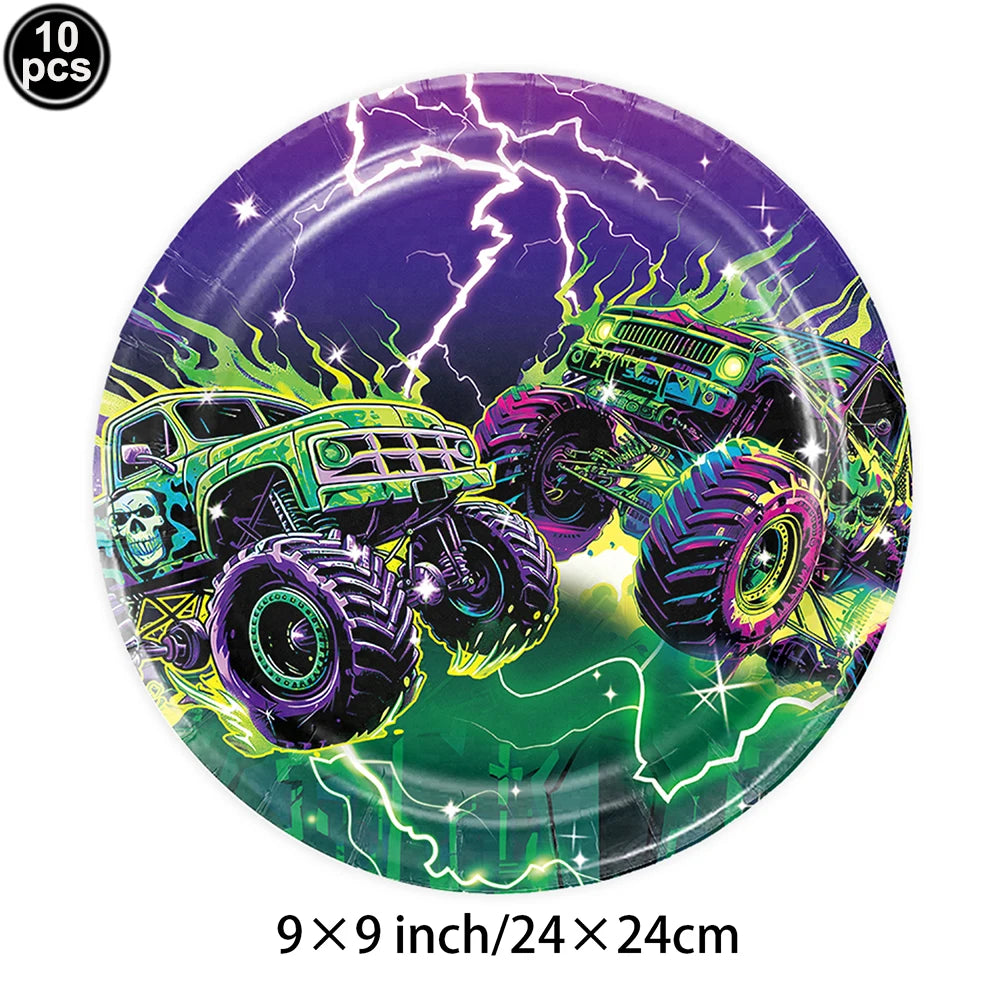 Monster Truck Party Supplies Disposable Tableware Plates Napkin Banner Tablecloth for Kids Boys 2nd Birthday Party Decorations