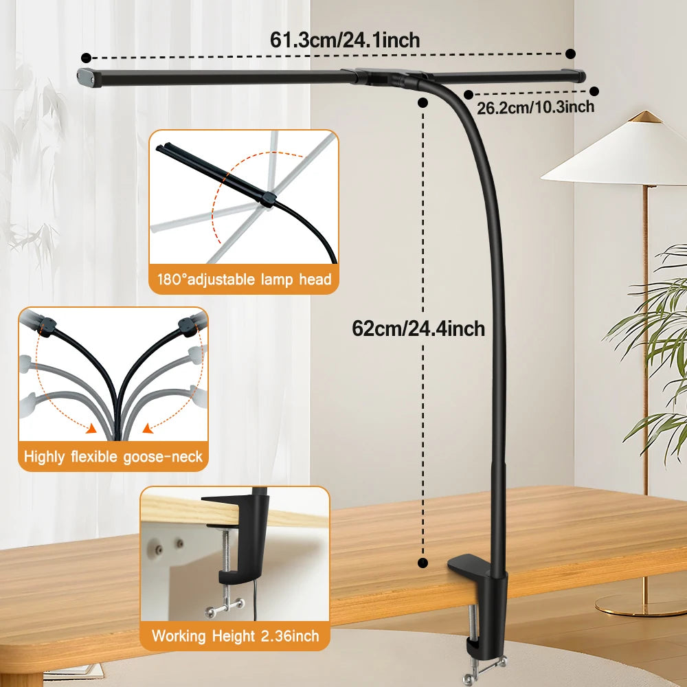 LED Desk Lamp with Clamp Swing Arm Desk Lamps Eye-Caring Dimmable Desk Light with 3 Color Modes and 10 Dimmable led Table lights