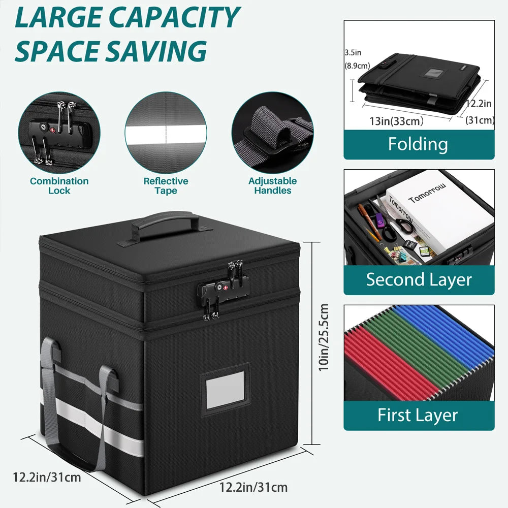 File Box with Lock Multi-Layer Fireproof File Organizer Foldable Storage Box Large Portable Home Office File Organizer Box