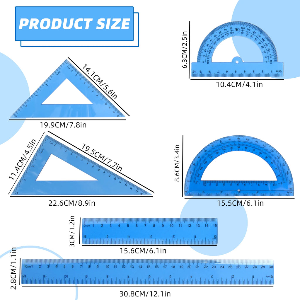 30cm Ruler Set - 6-Piece Measuring and Drawing Kit with Straight Ruler, Protractor, and Triangle Set
