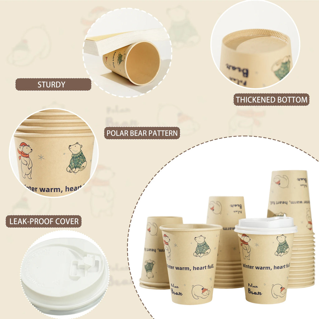 Polar Bear Patterned Disposable Paper Cups Bamboo Pulp Panda Cat Paper Cup Animal Print Coffee Cups with Lid for Home Party Use