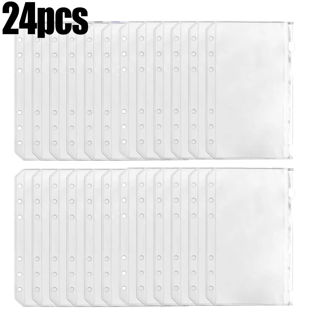 2-24Pcs Clear A6 6-Hole Binder Pockets Waterproof PVC Organizer Cash Budget Envelopes Zipper Binder Pouches for Notebook Planner