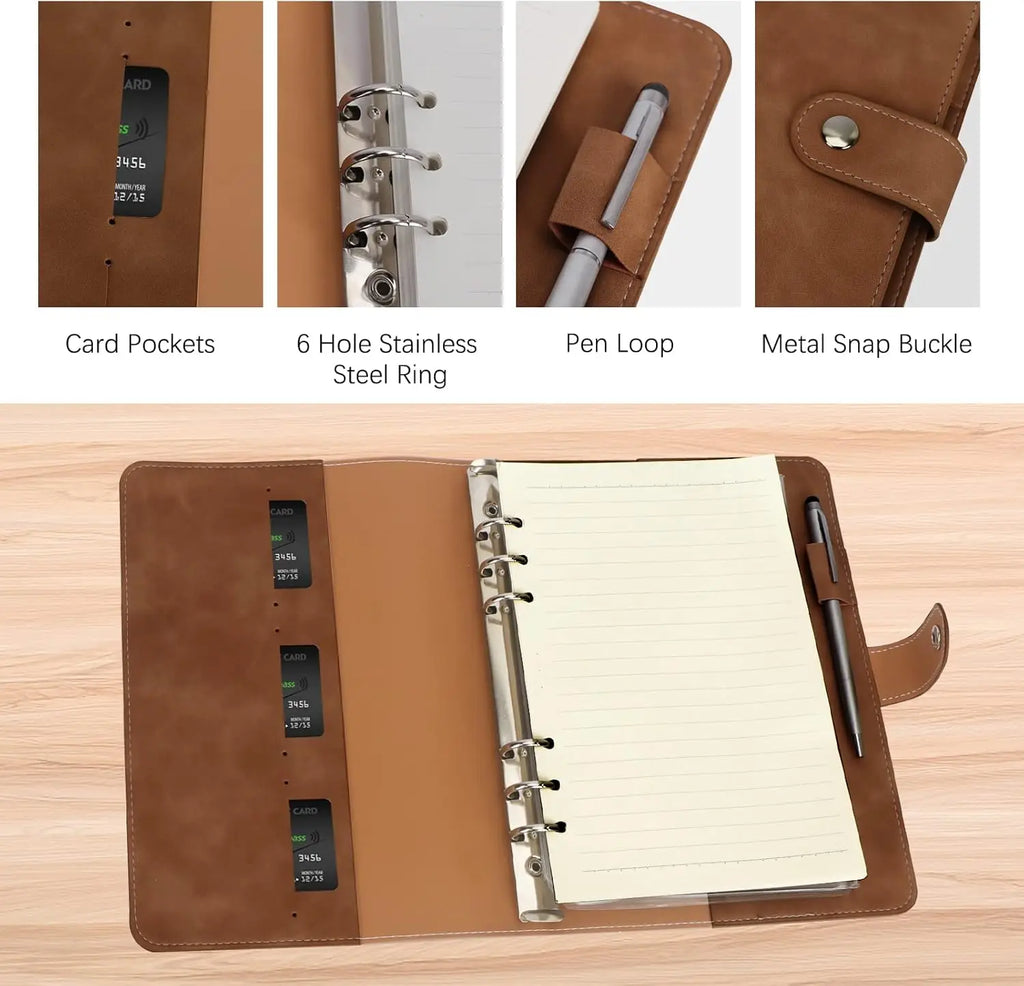 New Leather A5 Binder 6 Ring Binder Notebook - PU Leather Refillable Notebook with Binder Pockets, Dividers, Refill Paper