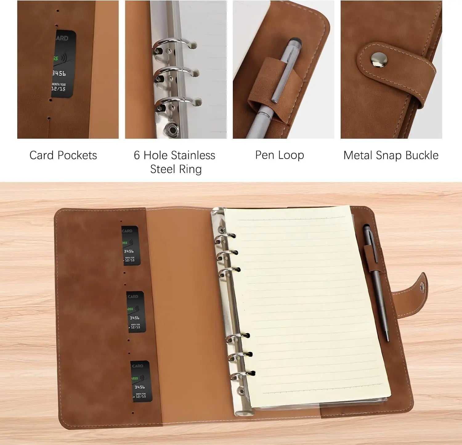New Leather A5 Binder 6 Ring Binder Notebook - PU Leather Refillable Notebook with Binder Pockets, Dividers, Refill Paper