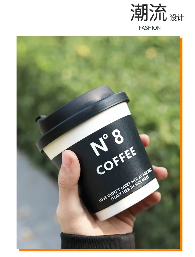 25 Sets Black Disposable Coffee Mug Double Layered Thickened Hot Drink Packaging Cup Cover and Leak Proof Fresh Milk Paper Cups