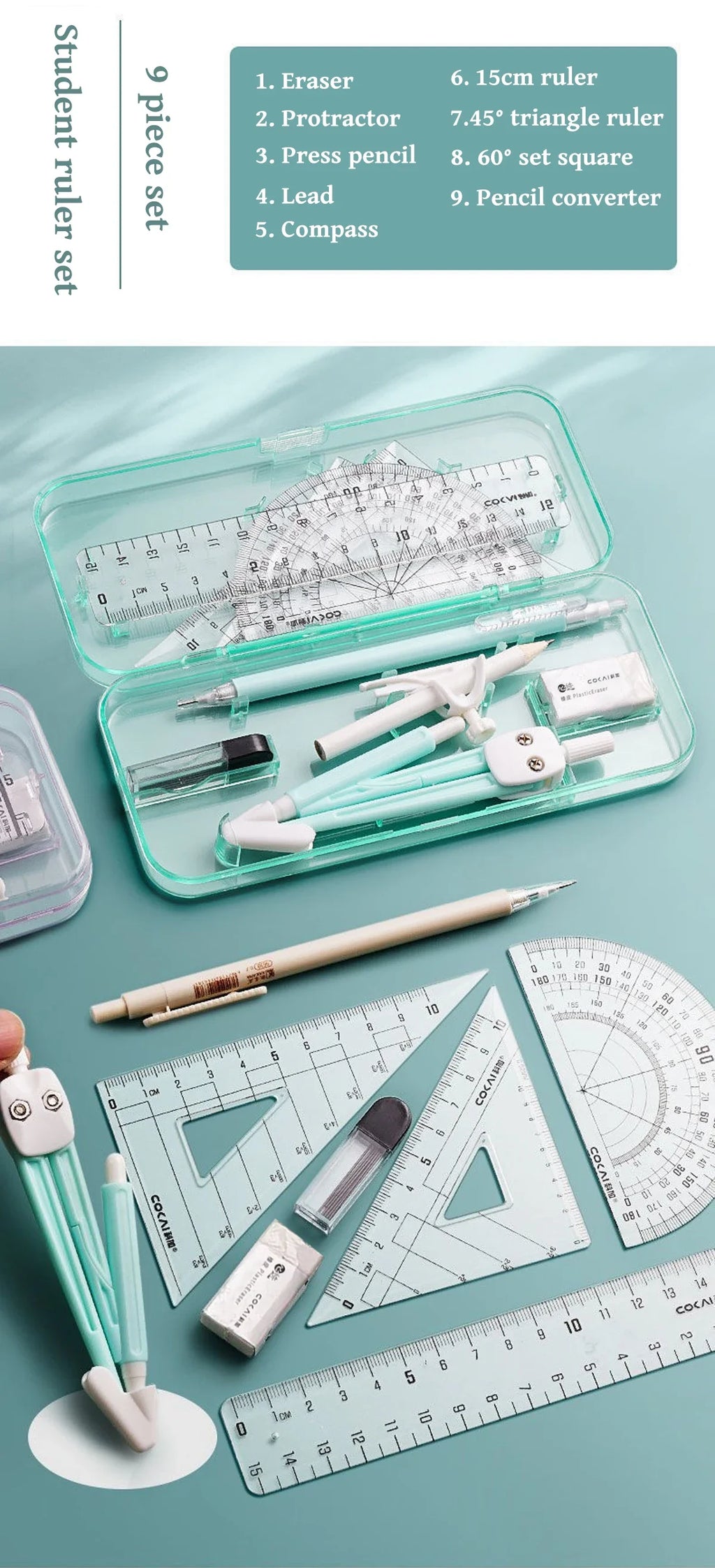 Kawaii 9pcs Ruler Set for Exams Geometry Compass Straight Edge & Protractor Portable Math Drawing Tools Stationery Supplies