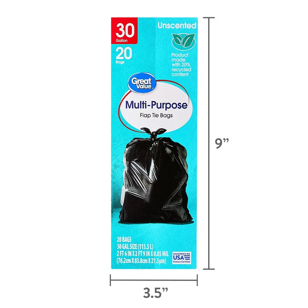 30 Gallon Large Flap Tie Trash Bags, 20 Bags for Kitchen Home Office Heavy Duty Garbage Can Liners