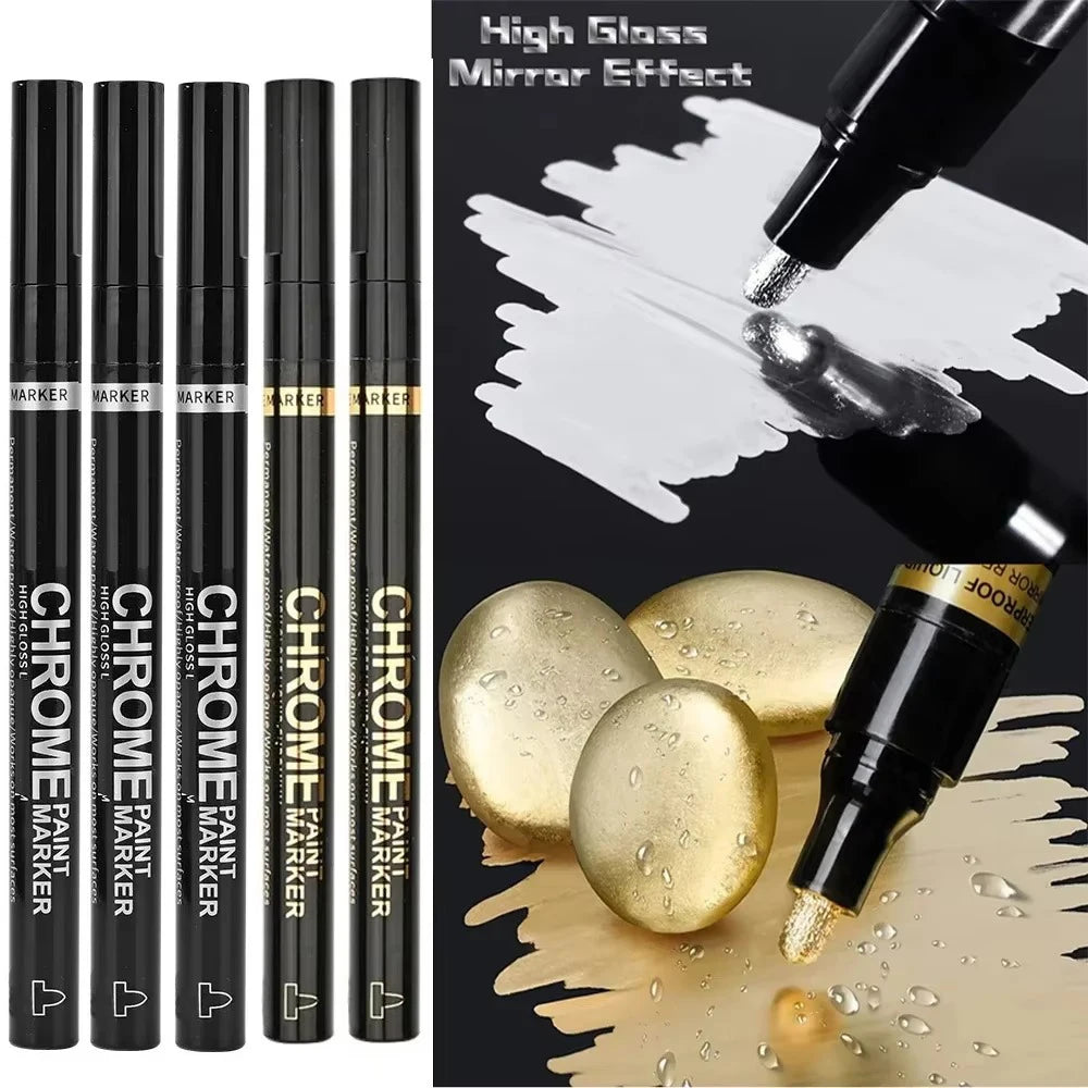 5/1pcs Chrome Pen Marker Mirror Waterproof Paint Repair For Rock Ceramic Glass Metallic Gold/Silver 2mm Nib