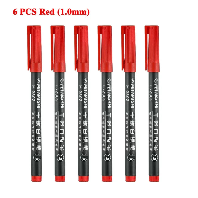 6 Pcs Erasable Whiteboard Pen 0.5/1.0mm Fine Point Black/Blue/Red Ink Blackboard Marker School Office Art Writing Stationery