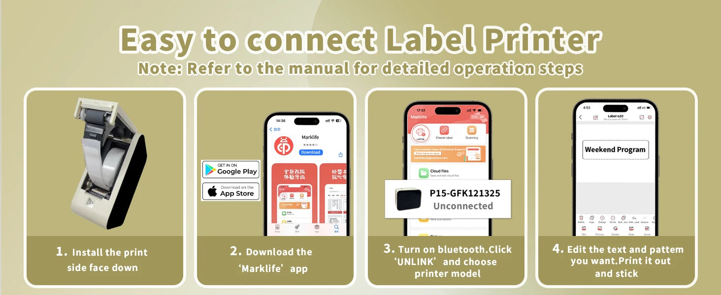 Marklife P15 Mini Portable Label Printer Smart Pocket Printer Thermal Adhesive Sticker Labeling Machine ot 3PK Label Paper NoInk