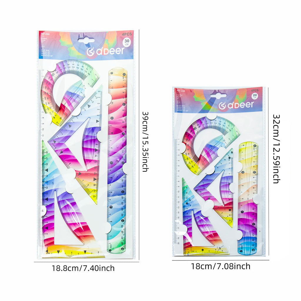 Vibrant Flexible Ruler Set, Straight Ruler, Protractor, 2 Triangles, 20/30cm Straight Ruler, 4 Pcs Soft Ruler Kit