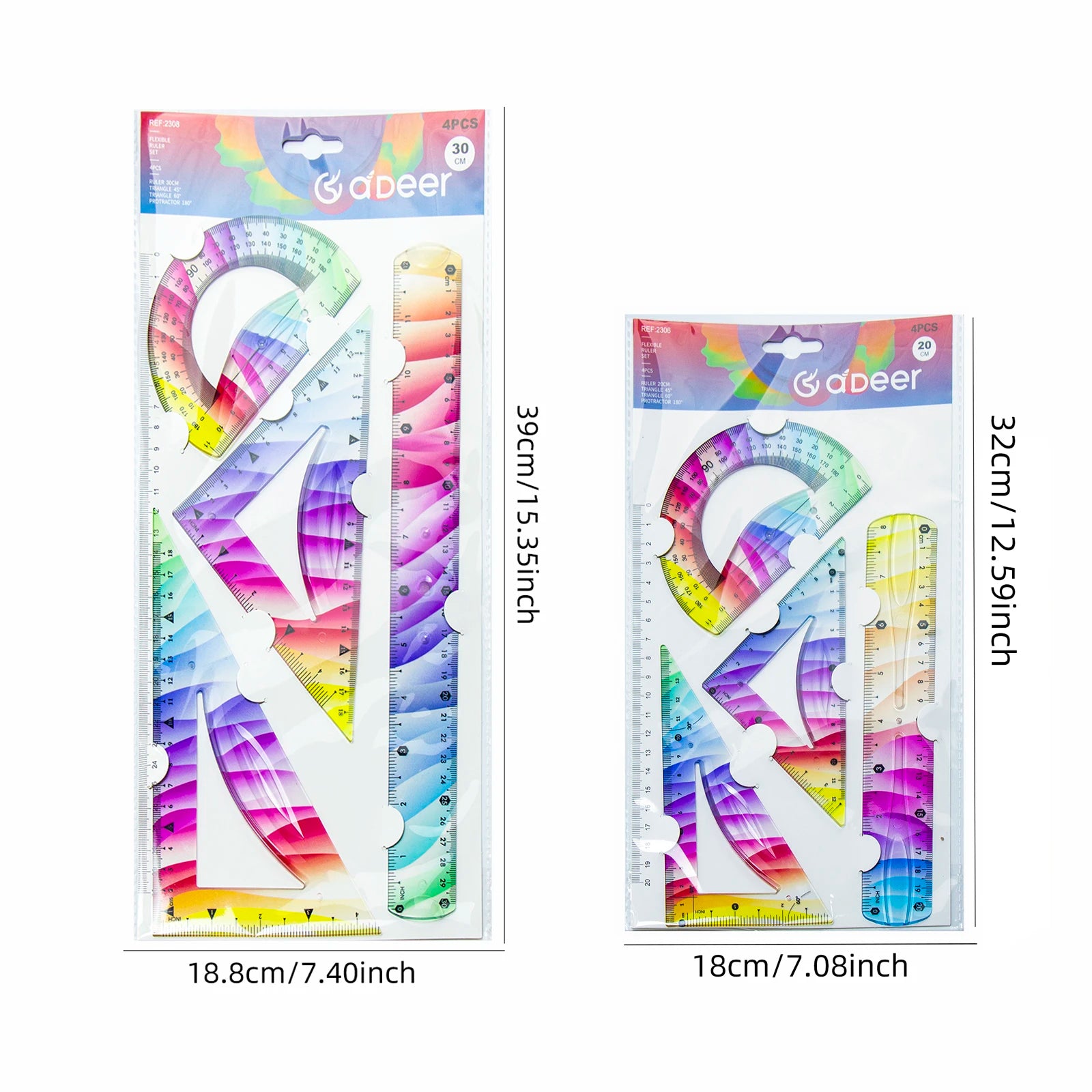 Vibrant Flexible Ruler Set, Straight Ruler, Protractor, 2 Triangles, 20/30cm Straight Ruler, 4 Pcs Soft Ruler Kit