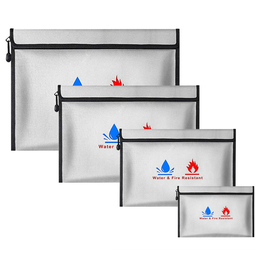 Fireproof & Waterproof Bag, File Storage Bag with Zipper Reusable Pouch for Certificates, Money, Cards (Black, Silver)