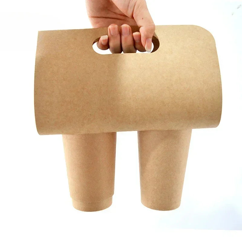 50pcs Disposable Milk Tea Handheld Cup Holder Thick Kraft Paper Takeaway Portable Package Creative Coffee Paper Cup Handle
