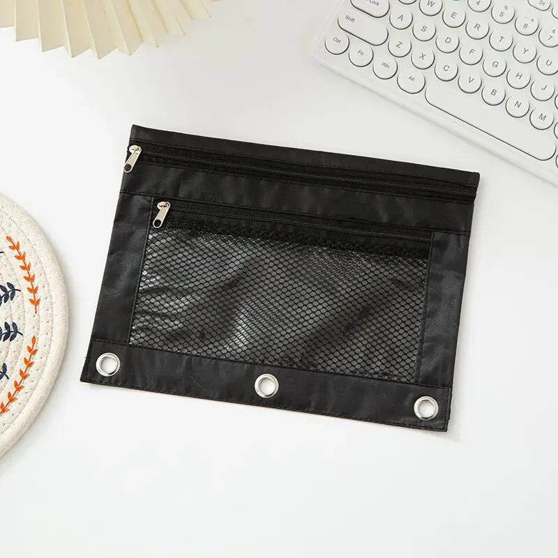 Double Zipper Pen Bag 3 Rings Binders Pencil Case File Bag Pencil Box For Erasers Rulers Markers Storage