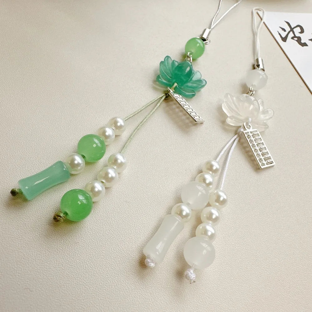 New Chinese-style Handmade Beaded Lotus Pendant Key Chains Mobile Phone Chain for Women Men Ethnic Charm Jewelry Accessory Gift