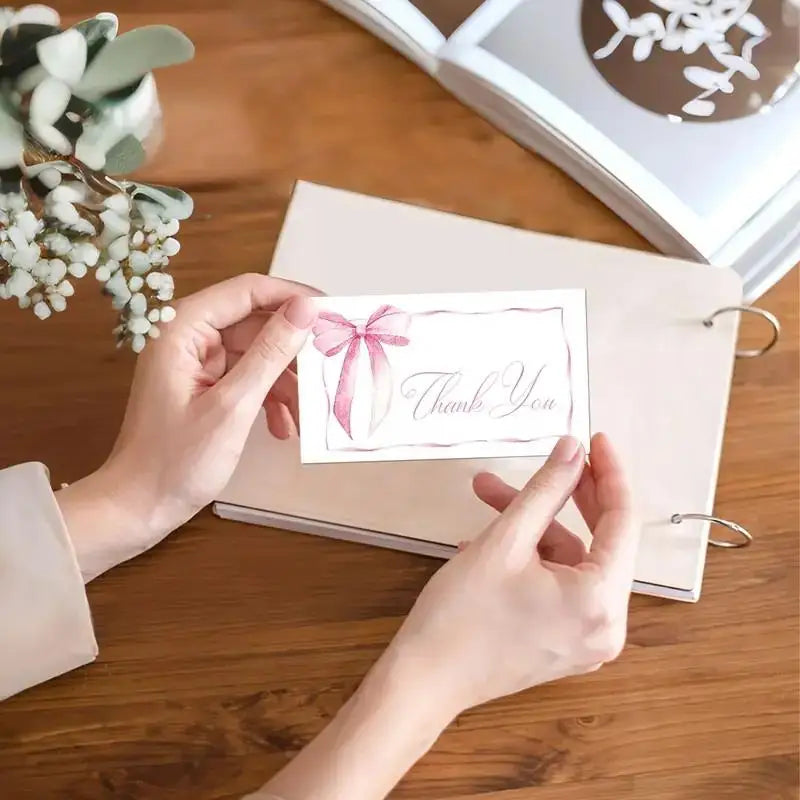 50pcs Business Thank You Cards Cherry & Pink Bow Design Celebration Invitations Gift Wrapping Cards For Party