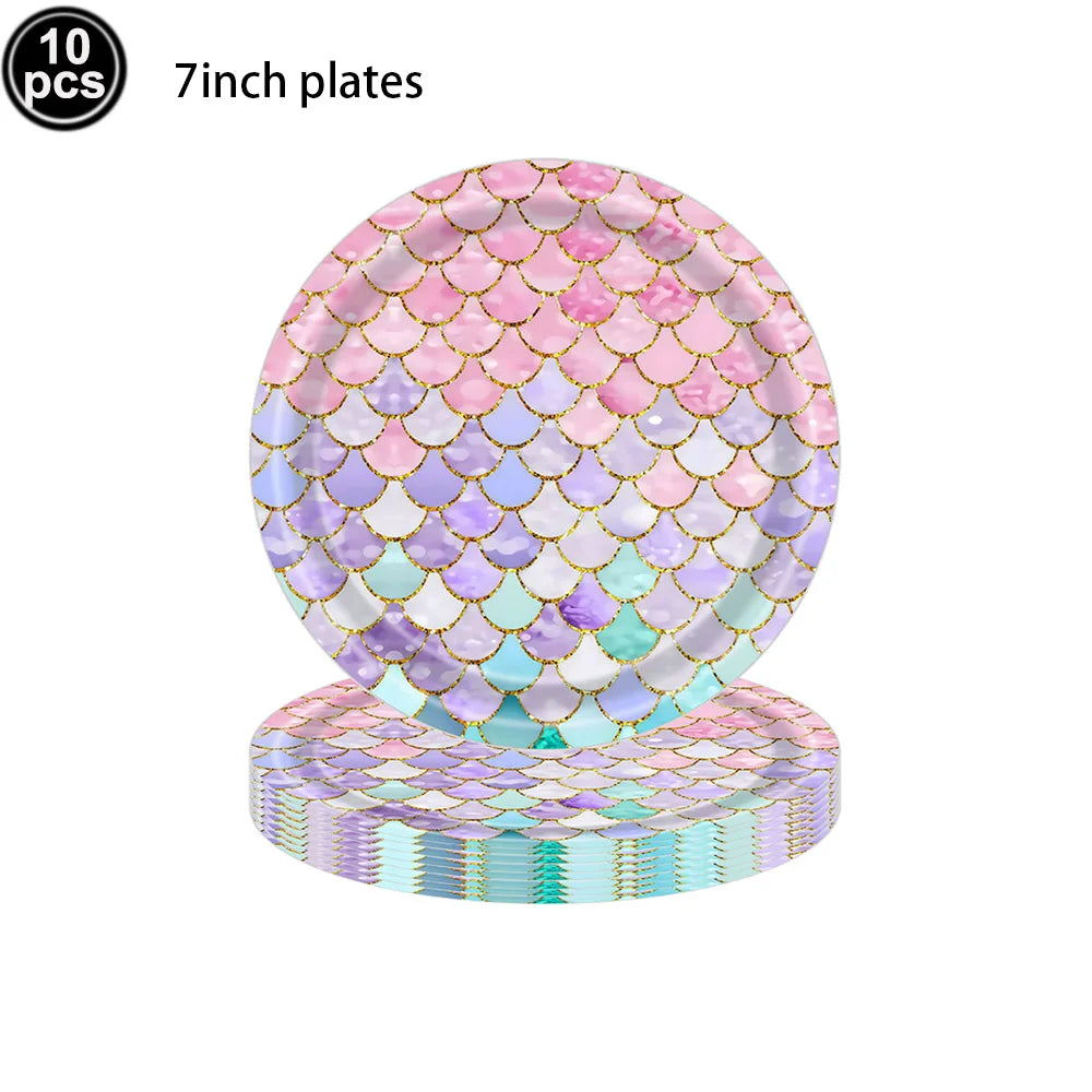 Mermaid Party Supplies Mermaid Scales Pattern Paper Plate Cup Napkin Popcorn Box Food Bowl Girl Birthday Party Baby Shower Decor