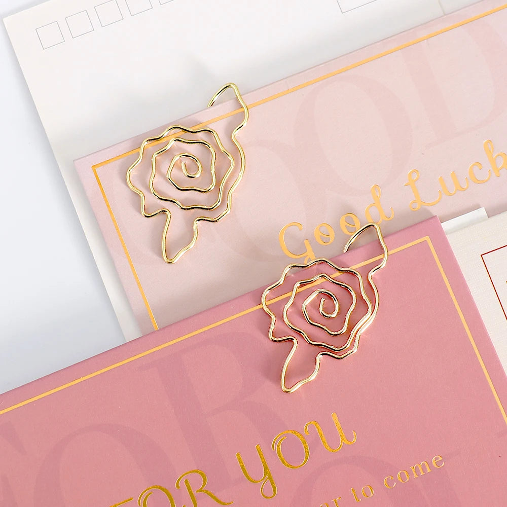 10pcs Gold Rose Flower Paper Clip Wholesale Metal Diy Flower Planner Stationery Supplies Bookmark Gift Shaped Paper Clips