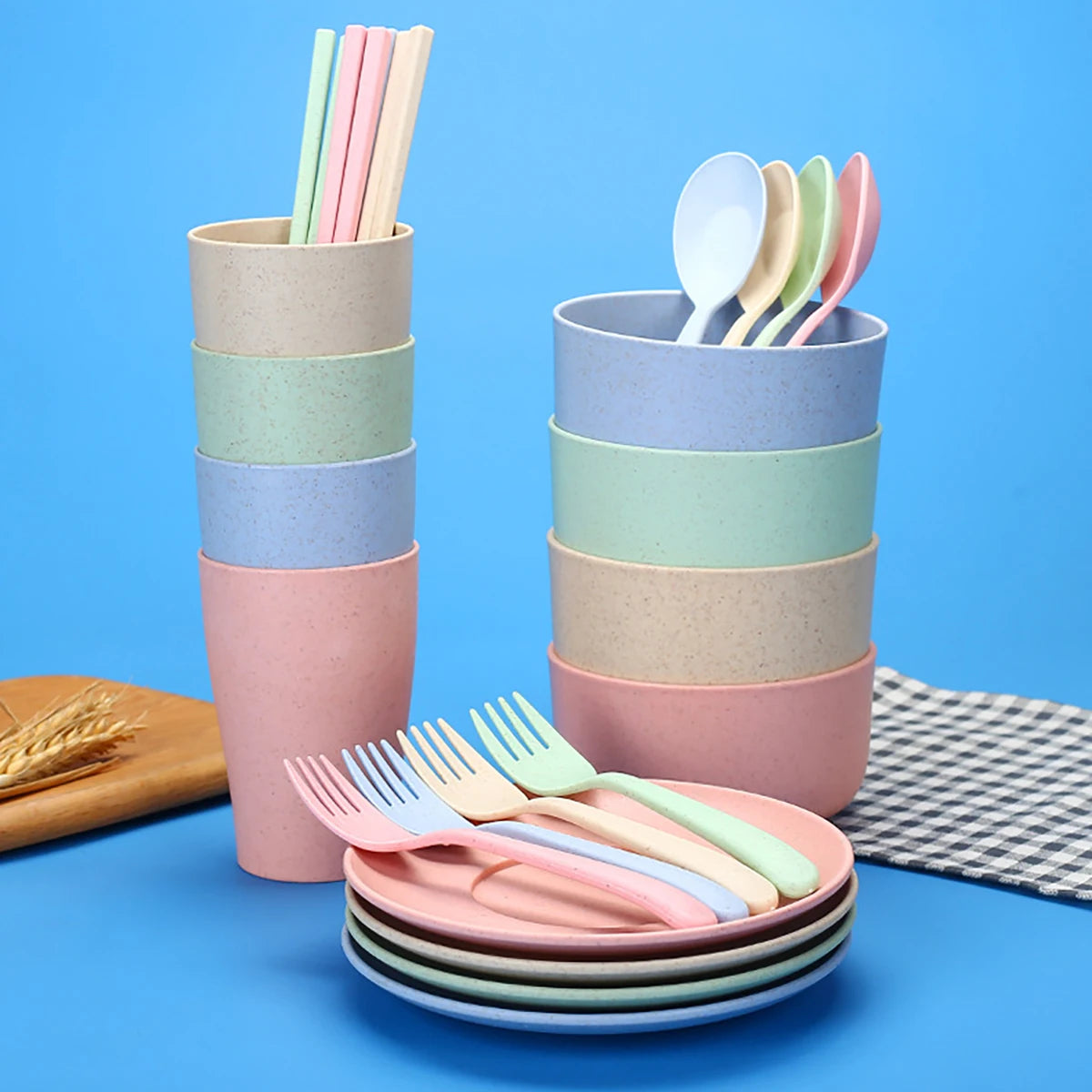 Fork Spoon Chopsticks Bowls Cup Dish Dinnerware Set High Grade Wheat Straw Tableware Children's Unbreakable Dishes Camping Set