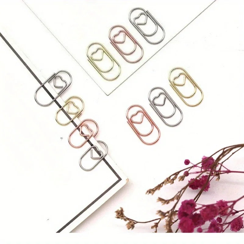 100pcs Mini Metal Heart Shaped Paper Clips Cute Decorative Paperclips Office School Home Document Notes Organization Paperclips