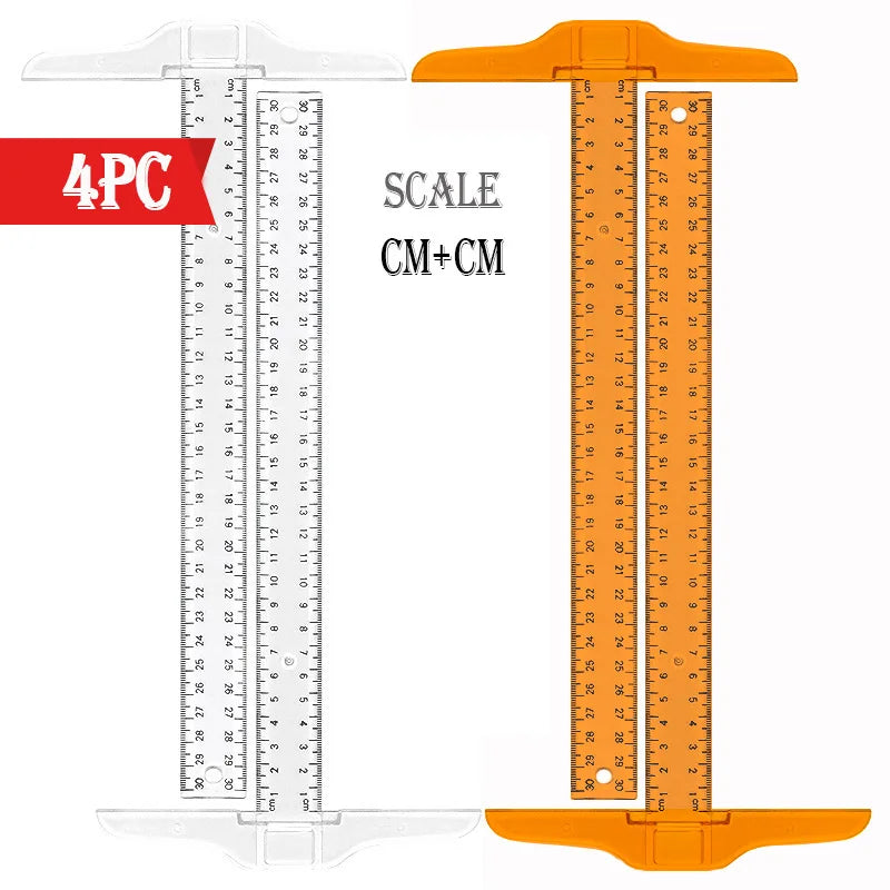 4pc, T-Square Ruler, Transparent And Orange, Clear Dual-Sided Measurement Tool For Drafting And General Layout Work