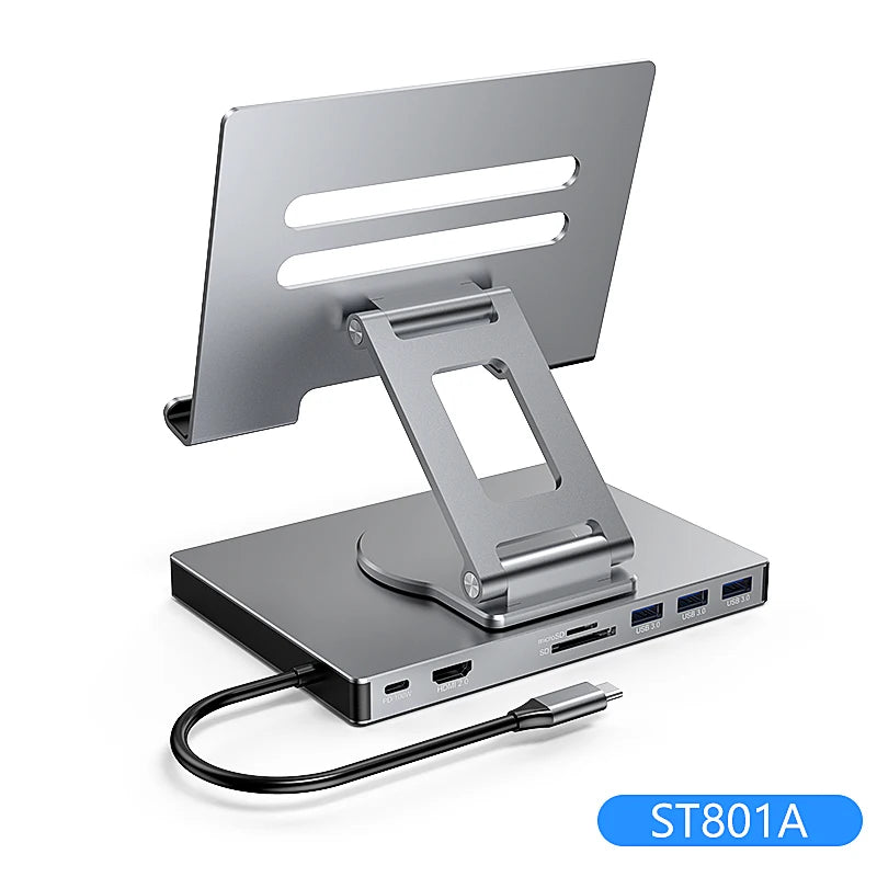 Blueendless Ipad Stand USB C Hub 4K 60HZ HD Type-C 100W PD SD/TF Slot Reader USB 3.0 5Gbps 9 In 1 Type-C Hub Ipad Holder