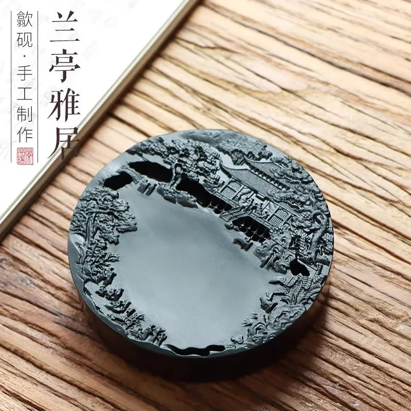 Chinese Calligraphy Inkstone She Ink Stone, Natural Stone Painting Ink Slab for Brush Writing 9.8x2 cm