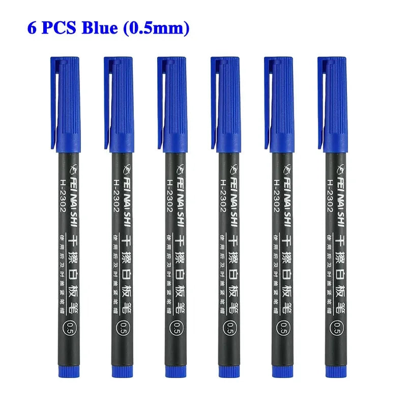 6 Pcs Erasable Whiteboard Pen 0.5/1.0mm Fine Point Black/Blue/Red Ink Blackboard Marker School Office Art Writing Stationery
