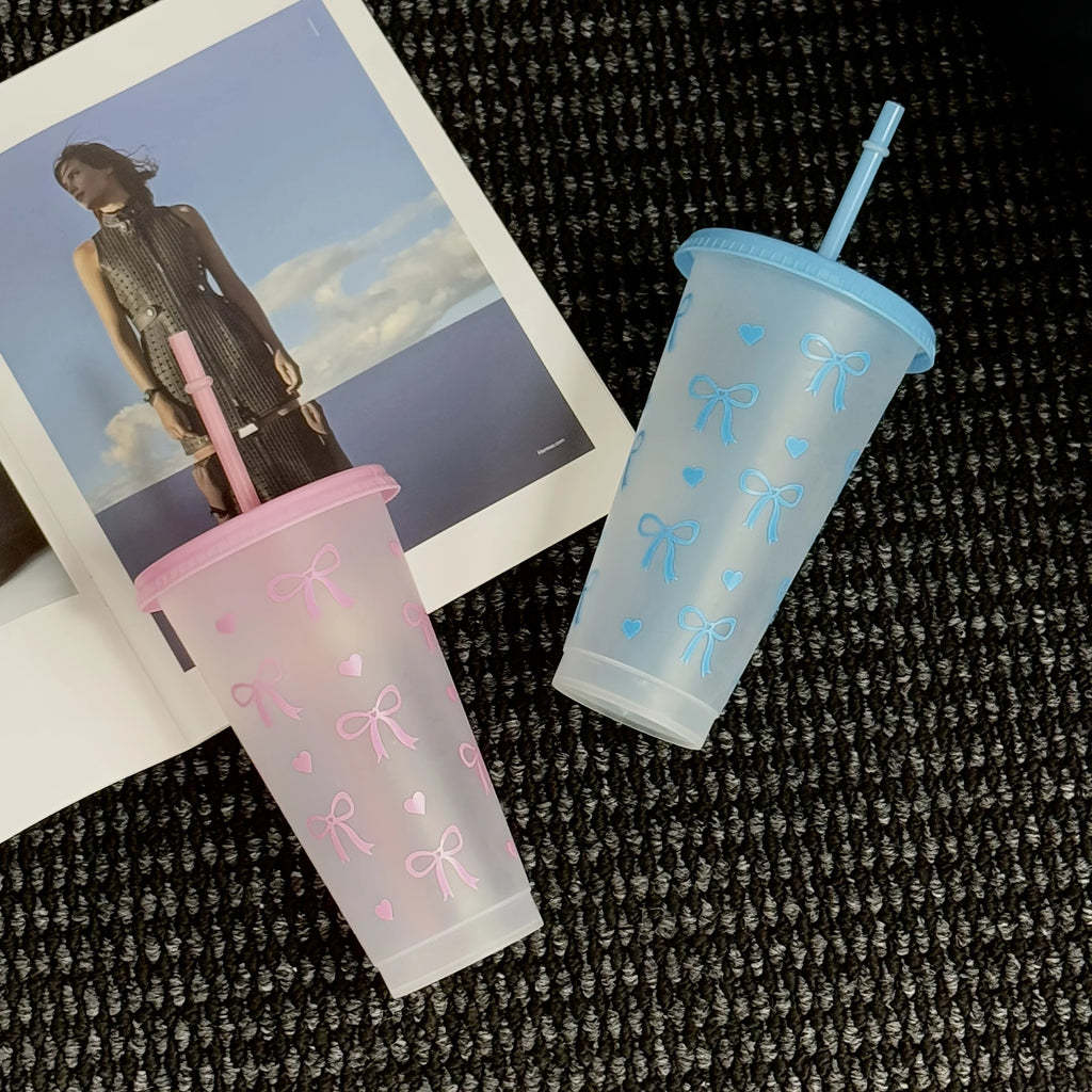 2/20pcs 24oz Reusable Party Cups with Straw & Lid Cute Bow Plastic Tumblers for Cold Drinks Home Office Outdoor Use Summer Gift