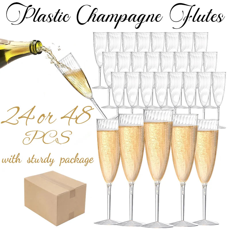 24/48Pcs Plastic Champagne Flutes Disposable Wine Glasses Reusable for Bachelorette Party Supplies Birthday Wedding Toasting 6oz