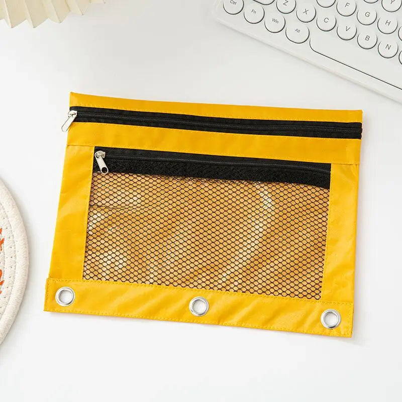 Double Zipper Pen Bag 3 Rings Binders Pencil Case File Bag Pencil Box For Erasers Rulers Markers Storage