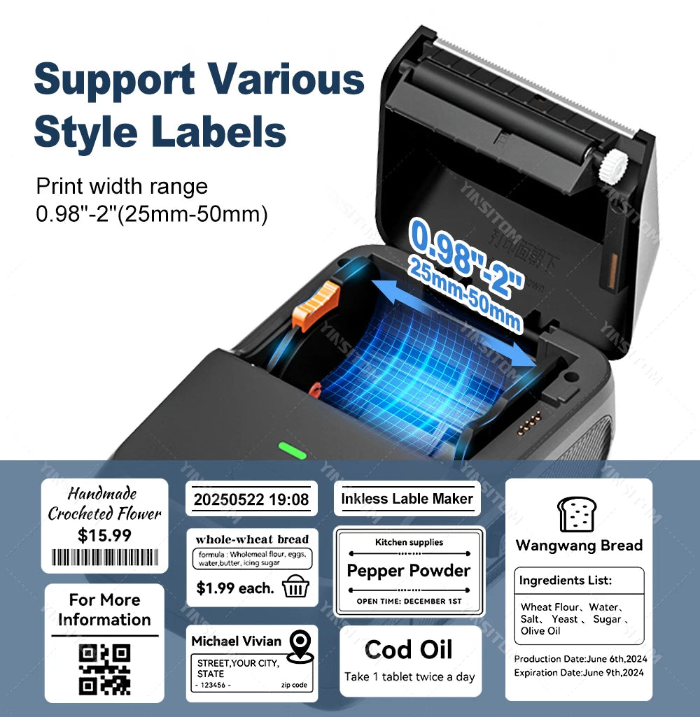 YINSITOM 20-50mm Mini Portable Thermal Printer Bluetooth Barcode Hand Multifunctional Price Label Sticker Maker Android / iOS