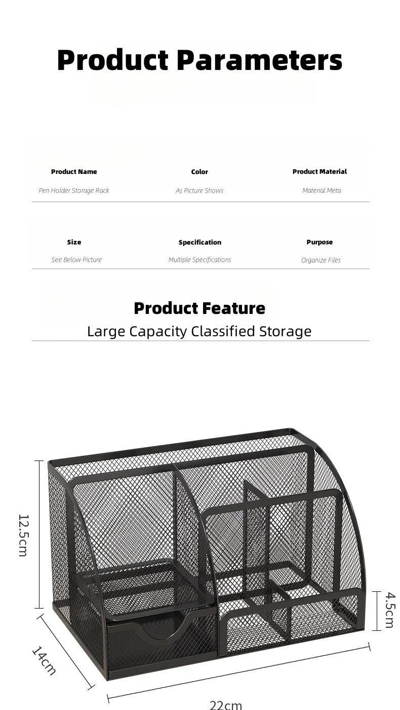 7 Compartment Metal Mesh Desktop Organizer with Drawer Pen Pencil Holder Stationery Storage for Home Office School Students Dorm