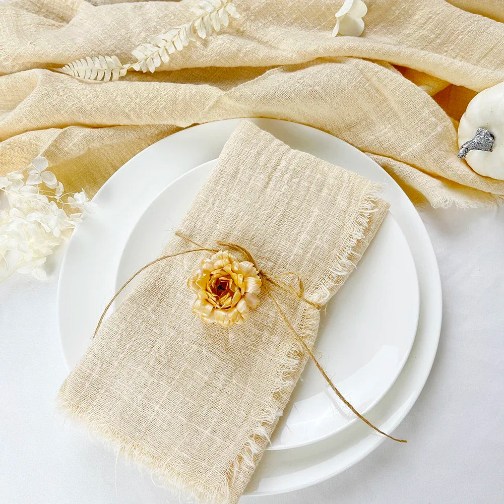 10pcs 32x32cm Gauze Cotton Wedding Napkins Reusable Green Trim Tea Towel Rustic Retro Burrs Napkins for Party Table Decoration