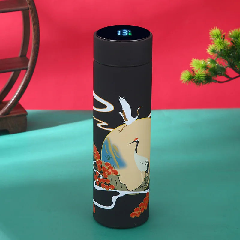 Chinese Style Vacuum Flask With Temperature Display Retro Smart Insulated Water Bottles 304 Stainless Steel Thermal Cu Travel