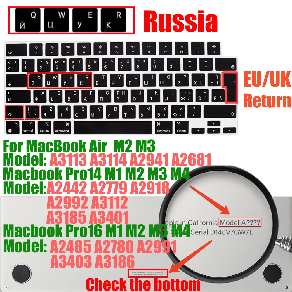Russian Layout MacBook Pro Keyboard Cover 14" 16" M4 M3 M2 M1 Pro, MacBook Air 15" 13.6" M3 M2 Silicone Skin, US/EU Version