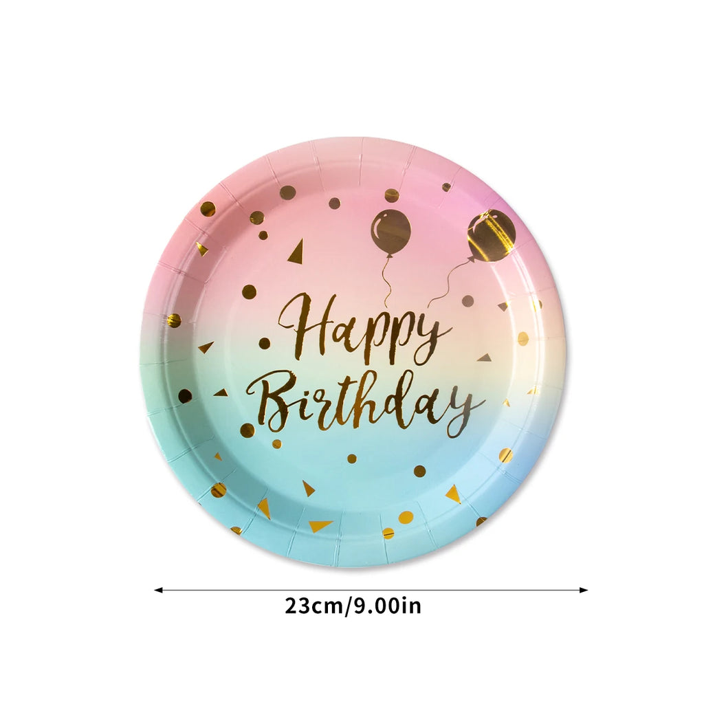 Pastel Rainbow Party Birthday Disposable Tableware Gold Dot Rainbow Gradient Paper Plate Cup Napkin Birthday Wedding Supplies
