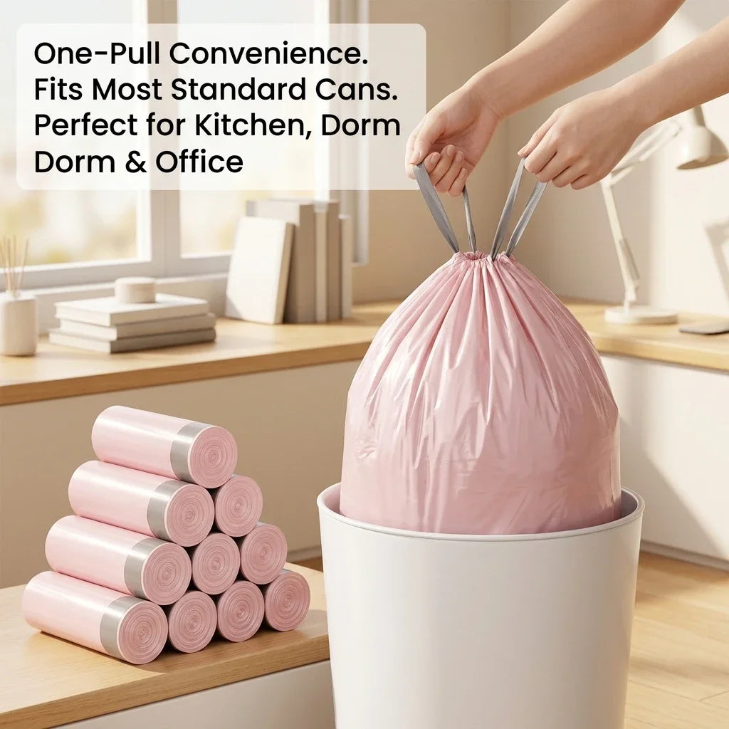 Pink Drawstring Trash Bags, Thickened Leakproof Tear Resistant Easy Tie Odor Resistant for Kitchen Bathroom Office Daily Home Use Households Busy Families Small Trash Can Liners Household Cleaning Garbage Bags