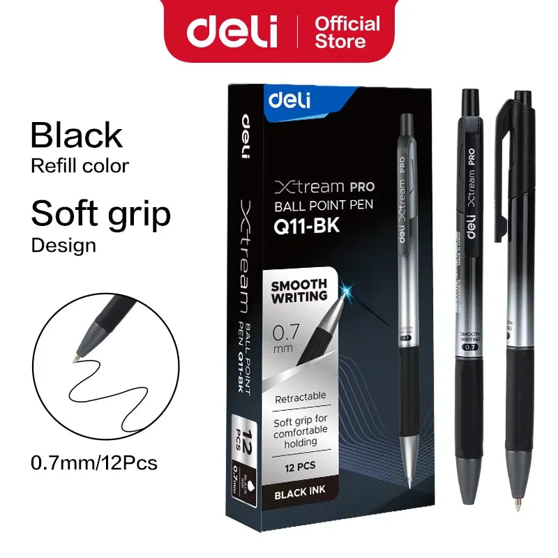 DELI Smooth Writing Ballpoint Pens 0.7mm Black and Blue Ink Pens 12PCS Pack of Retractable Ball Pen for Office School Home