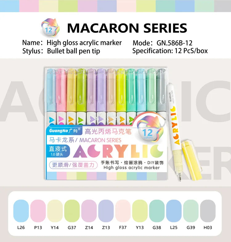 GuangNa 168/12 Colors High Gloss Acrylic Marker Pen Set,Hard Headed Drawing Pens,DIY Graffiti Paint Pen Stationery,GN.586