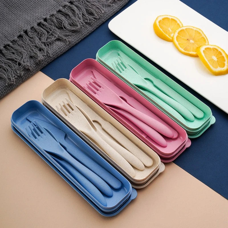 3Pcs/set Wheat Straw Dinnerware Set Portable Tableware Knife Fork Spoon Eco-Friendly Travel Cutlery  Utensil Box Chopsticks