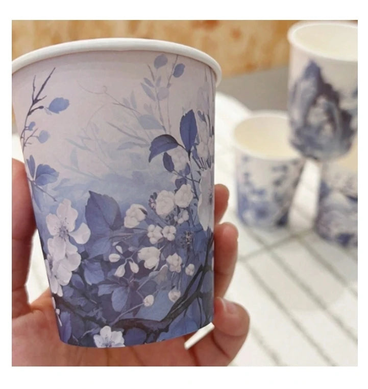 Blue and white porcelain style paper cups with different patterns, thickened office and household commercial beverage cups