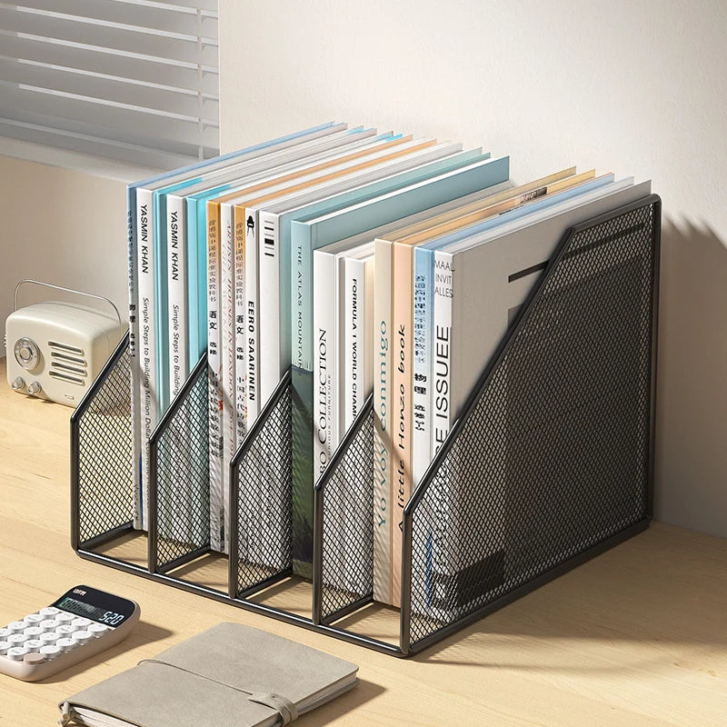 3 or 4 Slot Desktop File Organizer Metal Mesh Magazine Book Document Holder Black White for Office School Home Students Teachers