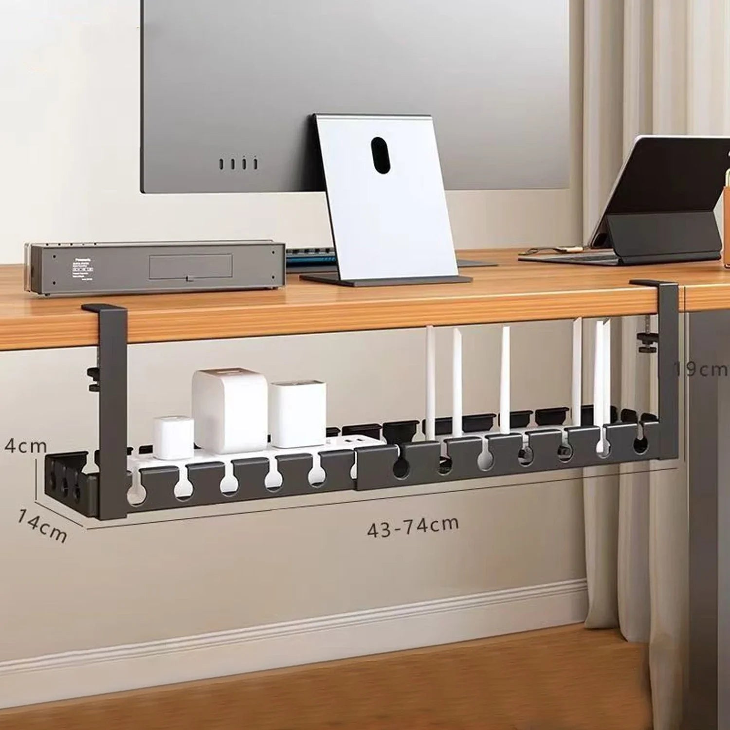 Under Desk Cable Management Tray No Drill Iron Power Strip Holder Wire Cord Organizer Clamp Mount for Home Office Desk