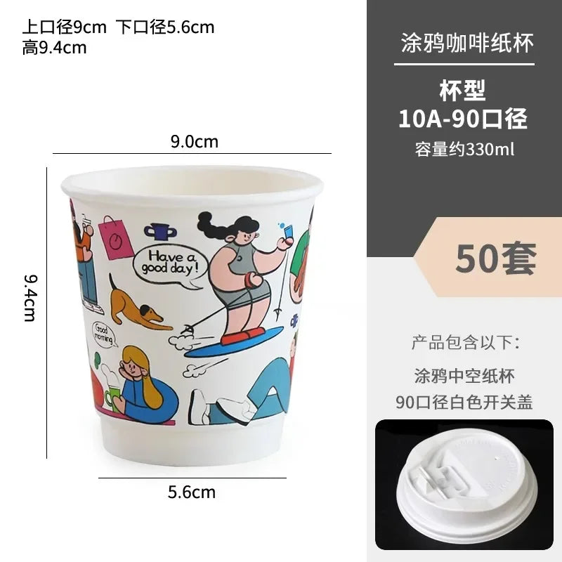 50pcs Cartoon Graffiti Coffee Cups 90 Caliber Disposable Fresh Milk Juice Paper Cup Milk Tea Hot Drink Takeaway Packaging Cup