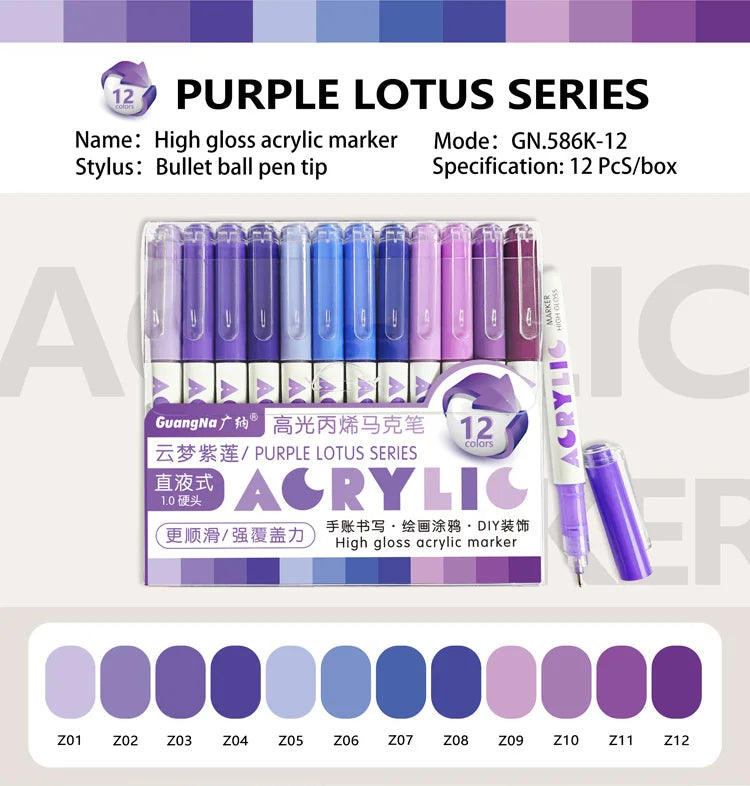 GuangNa 168/12 Colors High Gloss Acrylic Marker Pen Set,Hard Headed Drawing Pens,DIY Graffiti Paint Pen Stationery,GN.586