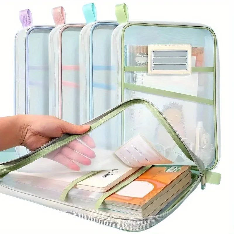 A4 Zipper File Bag Nylon Documents Storage Three Layers Thick Mesh Fabric Transparent Pouch for Books Office Students Supplies