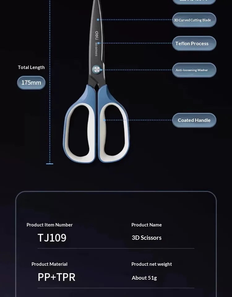 Deli Stainless Steel Scissors 3D Curved Knife Black Blade Home Office Hand Craft Anti-stick Shear Scissor School Stationery