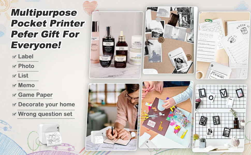 Mini Portable Printer Thermal Printing Sticker Wireless Inkless Mini Pocket Printer Self-adhesive Label Printer Photo Printer